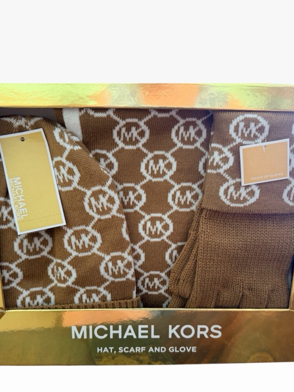 SET MICHAEL KORS 3-Piece Gold Box Scarf  Hat Gloves MK LOGO Gold Dark Camel $98